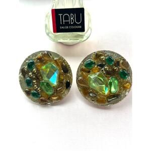 Vintage Big Button Gold Metallic & Green Crystals  Earrings 1980